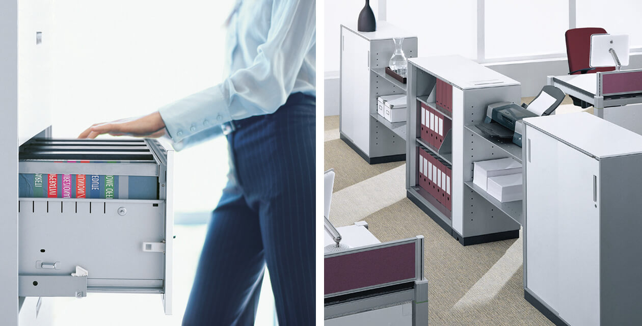  Drawers with composite slides for smooth action and easy storage. Connecting with the bridge cabinet for better visual permeability and a brighter effect. The Conjoin steel cabinet system is ideal for department spatial separation.